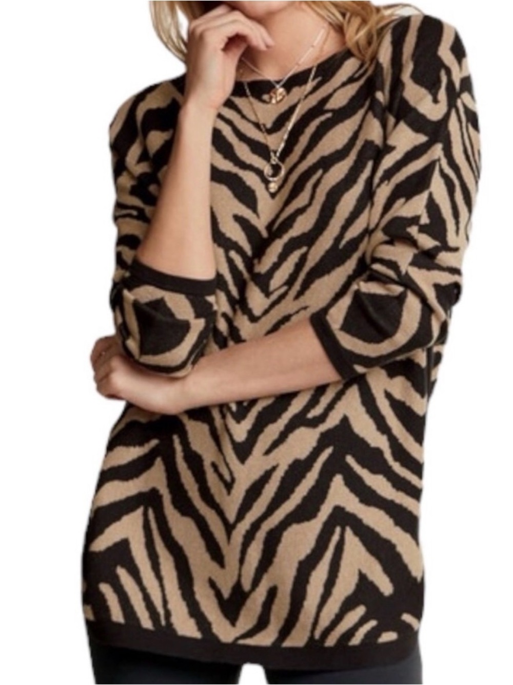 Cabi Dani Animal Print Knit Sweater Tunic - Black & Tan